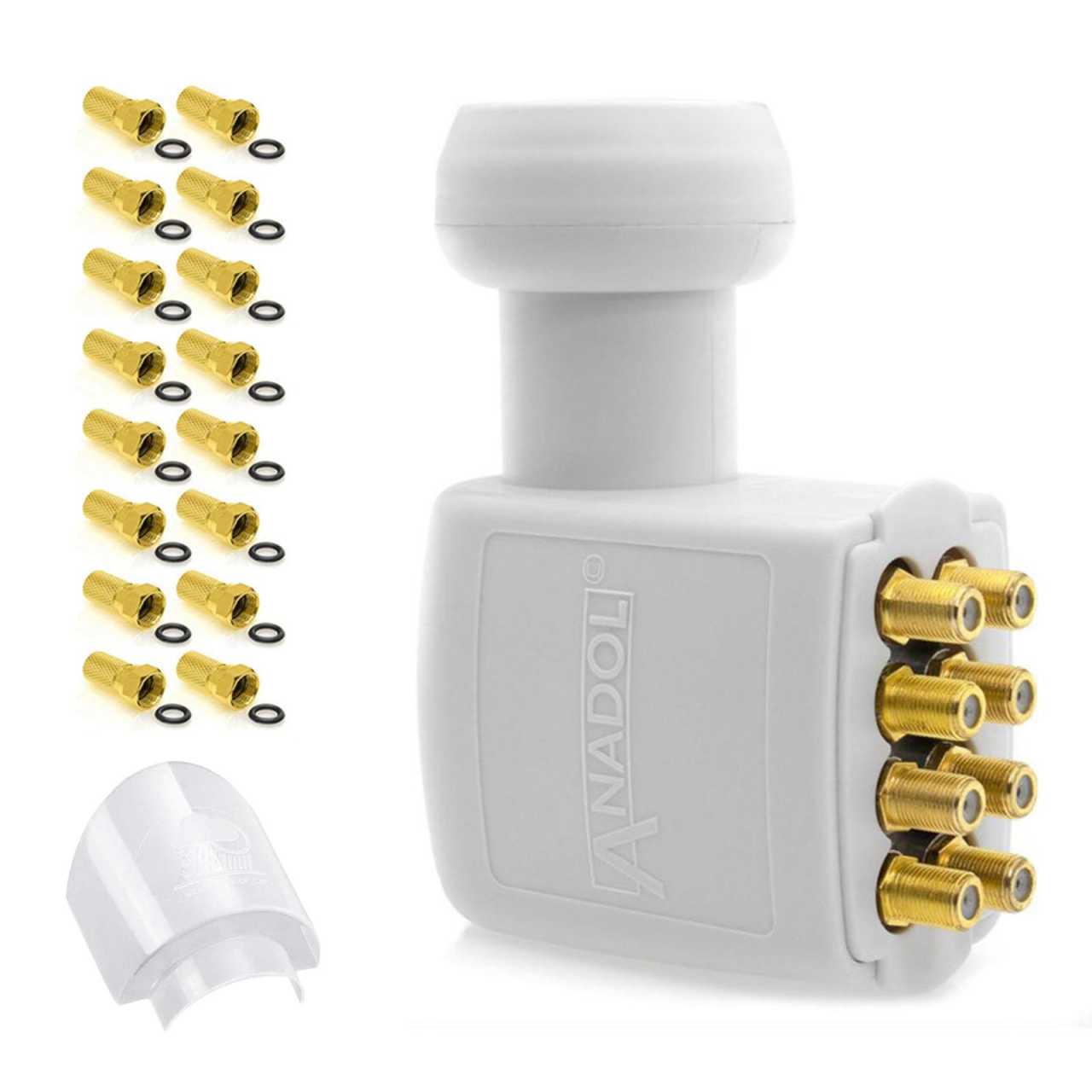 Anadol Gold Line OCTO LNB 0.1 DB 8 Teilnehmer +16 Vergoldete F-Stecker mit LNB Wetterschutz-Haube von Anadol