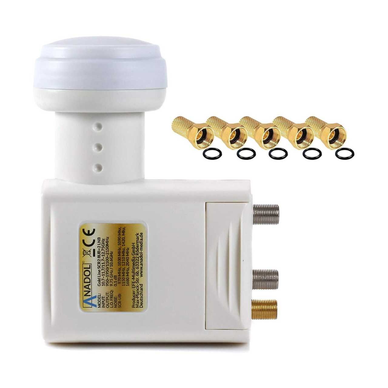 Anadol Gold Line SCR2 8UB+2 LNB 4K UHD Unicable für 10 Teilnehmer + 5x vergoldete F-Stecker von Anadol