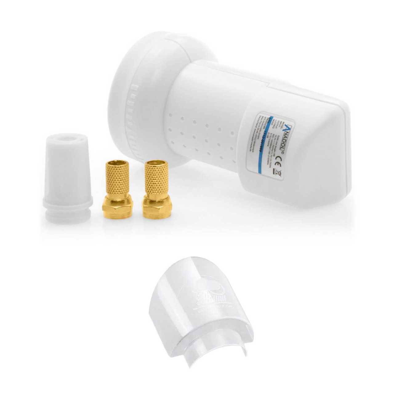 Anadol Gold Line Single LNB 0.1 dB 1 Teilnehmer + 2 Vergoldete F-Stecker mit LNB Wetterschutz-Haube von Anadol