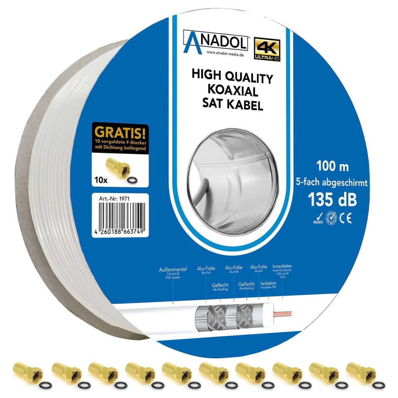 Anadol Koax Sat Kabel 100m CCS 135dB 5fach Brandschutz EN 50575 HQ inkl. 10 F-Stecker von Anadol