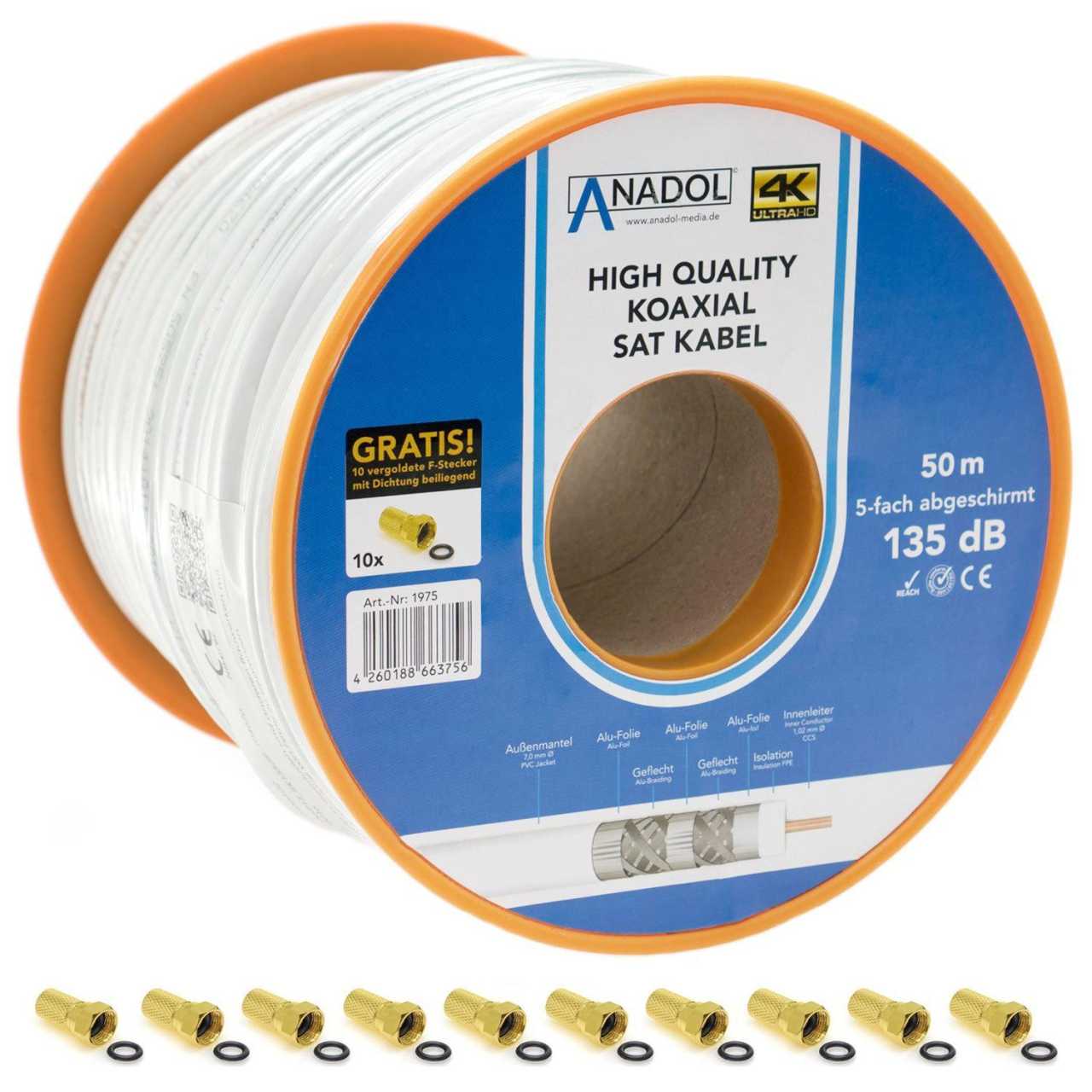 Anadol Koax Sat Kabel 50m CCS 135dB 5fach Brandschutz EN 50575 HQ inkl. Stecker von Anadol