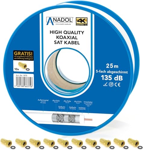 [TEST SEHR GUT *] Anadol 25m Brandschutz Koaxialkabel 135dB, 5fach geschirmt, 7mm, Koaxial Satkabel, Antennenkabel, Fernsehkabel, Coax Sattelittenkabel, TV Sat Koax Kabel, 10 F-Stecker gratis von Anadol