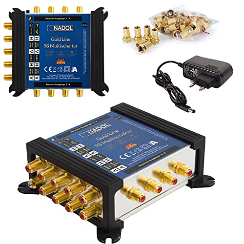 [ Test 2X SEHR GUT*] Anadol Gold Line Multischalter 9/8 für Satelit - Multiswitch für 2 Satelliten und 8 Ausgänge/Receiver - Sat-Verteiler mit Netzteil - Multischalter mit 17 vergoldeten F-Stecker von Anadol