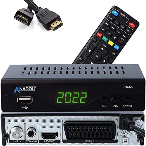 [Test: GUT *] Anadol HD 666 digital Sat Receiver mit PVR Aufnahmefunktion & AAC-LC fähig, für Satelliten TV, SCART, USB, für Satellitenschüssel, HDMI, DVB-S2, Astra Hotbird Sortiert + HDMI Kabel von Anadol