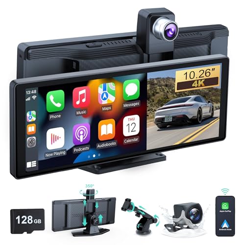 Kabelloses Autoradio, 26 cm (10,26 Zoll), tragbares Auto-Audio, Carplay-Bildschirm mit 4K vorne + hinten, 1080P Dual-Kamera, Dashcam, kabelloses Spielen mit Mirror Link/S-iri/AUX/128G TF von Anastasiayoo