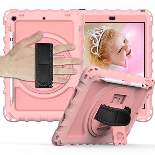 Schutzhülle für iPad 9/8/7 (10,2 Zoll Modell 2021/2020/2019 9th/8th/7th Generation), stoßfester Schutz mit 360 Grad drehbarem Ständer Handgelenkschlaufe Schultergurt, Rosa von Anatch