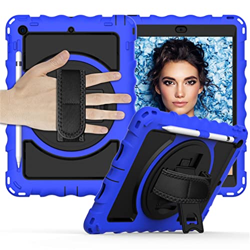 Schutzhülle für iPad 9/8/7 (10,2 Zoll Modell 2021/2020/2019 9th/8th/7th Generation), stoßfester Schutz mit 360 Grad drehbarem Ständer Handgelenkschlaufe Schultergurt, Schwarz Blau von Anatch