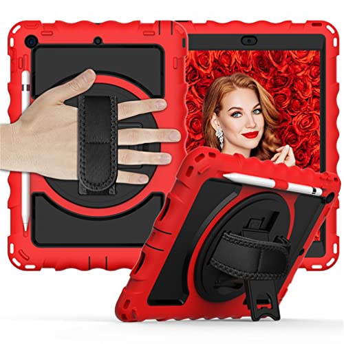 Schutzhülle für iPad 9/8/7 (10,2 Zoll Modell 2021/2020/2019 9th/8th/7th Generation), stoßfester Schutz mit 360 Grad drehbarem Ständer Handgelenkschlaufe Schultergurt, Schwarz Rot von Anatch