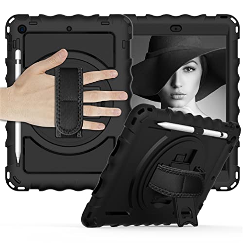 Schutzhülle für iPad 9/8/7 (10,2 Zoll Modell 2021/2020/2019 9th/8th/7th Generation), stoßfester Schutz mit 360 Grad drehbarem Ständer Handgelenkschlaufe Schultergurt, schwarz von Anatch