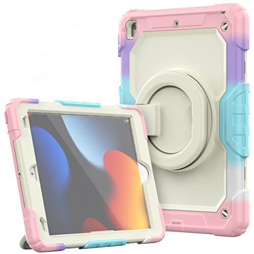 Schutzhülle für iPad 9/8/7 (Modell 2021/2020/2019 9. / 8. / 7. Generation), robuste, stoßfeste Hülle mit Displayschutzfolie, drehbarer Ständer/Stifthalter/Tragegurt, Regenbogen/Pink von Anatch