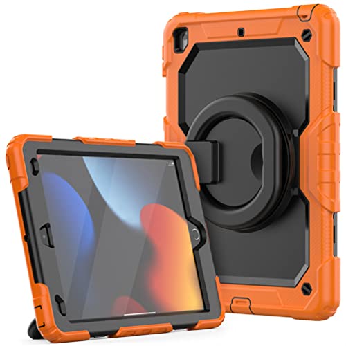 Schutzhülle für iPad 9/8/7 (Modell 2021/2020/2019 9th/8th/7th Generation), schwere, stabile, stoßfeste Hülle mit Displayschutzfolie, drehbarer Ständer/Bleistifthalter/Tragegurt, Orange von Anatch