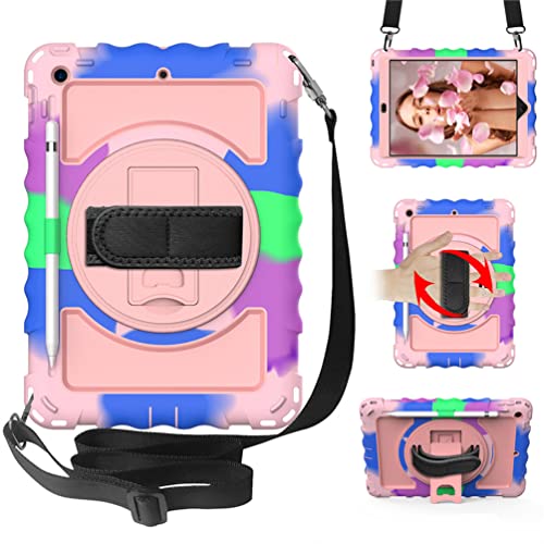 Schutzhülle für iPad 9. / 8. / 7. Generation (iPad 10,2 Zoll Rugged Case 2021/2020/2019) mit Displayschutzfolie, drehbarem Ständer/Stifthalter/Handschlaufe/Tragegurt, Regenbogen/Pink von Anatch