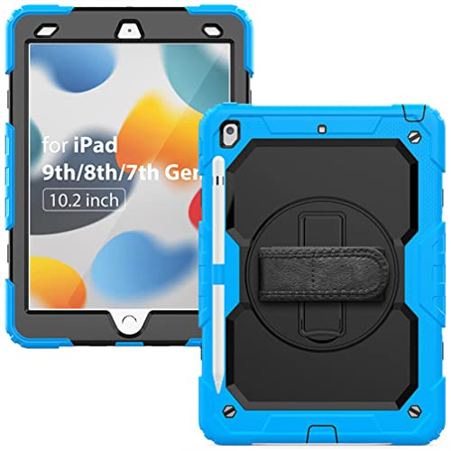 Schutzhülle für iPad 9. / 8. / 7. Generation (iPad 10,2 Zoll Rugged Case 2021/2020/2019) mit Stifthalter/Displayschutzfolie, drehbarer Ständer/Tragegurt, Hellblau von Anatch