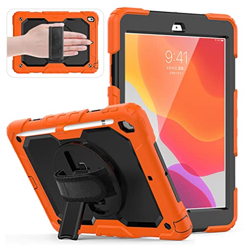Schutzhülle für iPad 9. / 8. / 7. Generation (iPad 10,2 Zoll Rugged Case 2021/2020/2019) mit Stifthalter/Displayschutzfolie, drehbarer Ständer/Tragegurt, Orange von Anatch
