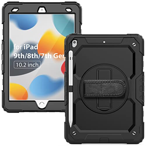 Schutzhülle für iPad 9. / 8. / 7. Generation (iPad 10,2 Zoll Rugged Case 2021/2020/2019) mit Stifthalter/Displayschutzfolie, drehbarer Ständer/Tragegurt, Schwarz von Anatch