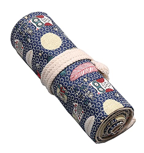 Anawakia Wrap Leinwand Stifterolle Bleistift Wrap Tragbar Stifterolle Bleistifthalter Reise Stiftehalter Buntstifte Federmäppchen Roll-up Mäppchen Tasche Organizer (Eule,72 Slots) von Anawakia