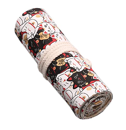 Anawakia Wrap Leinwand Stifterolle Bleistift Wrap Tragbar Stifterolle Bleistifthalter Reise Stiftehalter Buntstifte Federmäppchen Roll-up Mäppchen Tasche Organizer (Glückliche Katze,72 Slots) von Anawakia