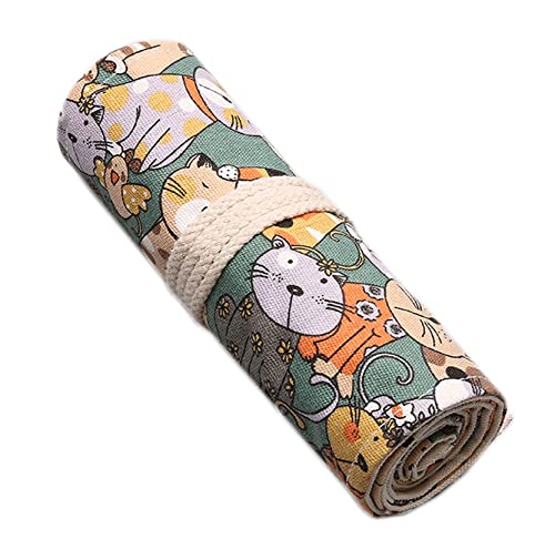 Anawakia Wrap Leinwand Stifterolle Bleistift Wrap Tragbar Stifterolle Bleistifthalter Reise Stiftehalter Buntstifte Federmäppchen Roll-up Mäppchen Tasche Organizer (Katze,24 Slots) von Anawakia