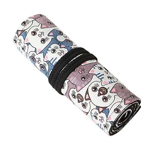 Anawakia Wrap Leinwand Stifterolle Bleistift Wrap Tragbar Stifterolle Bleistifthalter Reise Stiftehalter Buntstifte Federmäppchen Roll-up Mäppchen Tasche Organizer (Katzenkopf,48 Slots) von Anawakia