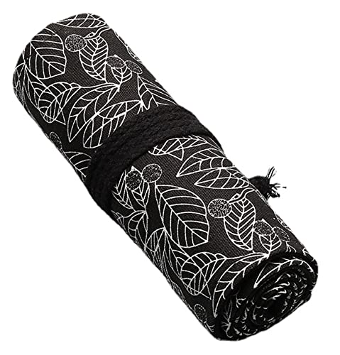 Anawakia Wrap Leinwand Stifterolle Bleistift Wrap Tragbar Stifterolle Bleistifthalter Reise Stiftehalter Buntstifte Federmäppchen Roll-up Mäppchen Tasche Organizer (Schwarz Blätter,24 Slots) von Anawakia