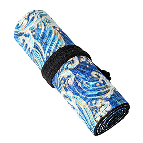 Anawakia Wrap Leinwand Stifterolle Bleistift Wrap Tragbar Stifterolle Bleistifthalter Reise Stiftehalter Buntstifte Federmäppchen Roll-up Mäppchen Tasche Organizer (Wellen,12 Slots) von Anawakia