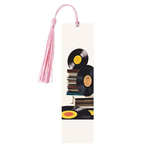 Lesezeichen aus Holz mit rosa Quasten und Vinyl-Schallplatten und Kassetten, handgefertigt, doppelseitig bedruckt, Lesezeichen, Seitenmarkierungen, Buchzubehör, Geschenk für Buchliebhaber, Frauen und von Anceky