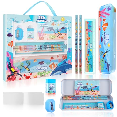 Andibro 7 Stück Schreibwaren Set, Kinder Schulbedarf Cartoon Geschenkset Bleistifte Stiftbox Lineal Radiergummi Anspitzer Mini Notizbücher für Mädchen Jungen Schülerinnen und Schüler von Andibro