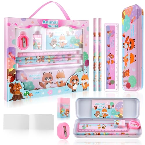 Andibro 7 Stück Schreibwaren Set, Kinder Schulbedarf Cartoon Geschenkset Bleistifte Stiftbox Lineal Radiergummi Anspitzer Mini Notizbücher für Mädchen Jungen Schülerinnen und Schüler von Andibro