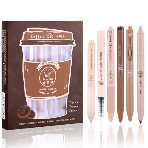 Andibro süße Kaffeestifte, 0,5 mm feine Spitze schwarzer Tintenstift 5 Gel Tintenstifte, einziehbare Stifte und 1 Textmarker, glatte Schreibstifte Kawaii Schulbürobedarf ästhetische schnell trocknende von Andibro