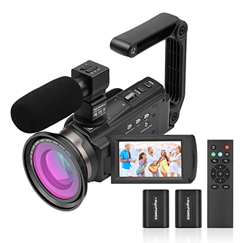 Andoer 4K Camcorder Videokamera 48MP 60FPS WiFi Camcorder 16X Digital Zoom, 3" IPS Touchscreen IR Nachtsicht Vlogging Kamera mit Mikrofon, Fernbedienung, 2 Batterien, Kameraobjektiv, Handgriff von Andoer