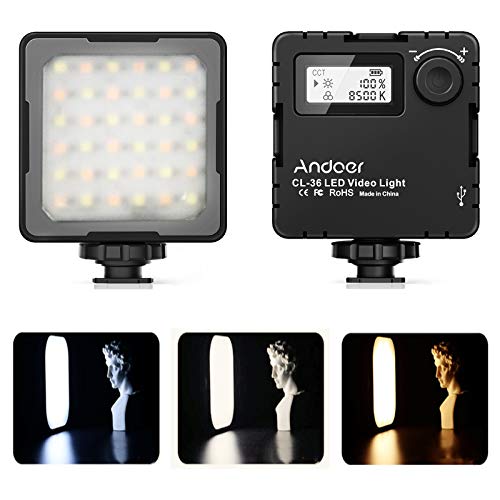 Andoer CL-36 Mini LED Videolicht, 2800K-8500K Dimmbarer LED Videoleuchte mit 3 Kaltschuhhalterungen, LCD-Display, Eingebauter Akku, Foto Licht für Makro Aufnahmen, Produktfotografie, YouTube Vlogs von Andoer
