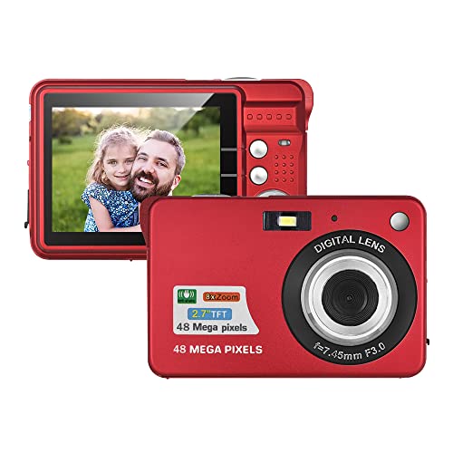 Andoer Digitalkamera, 1080P 48 MP Kompaktkamera 2,7-Zoll-LCD-Bildschirm Wiederaufladbare Fotokamera 8X Digitalzoom mit Tragetasche, Handschlaufe für Studenten/Erwachsene/Kinder/Anfänger (Rot) von Andoer