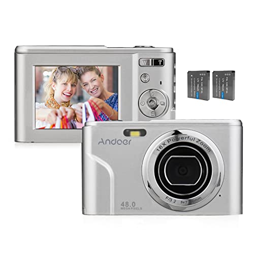 Andoer Digitalkamera, 48 MP 1080P Kompaktkamera 2,4-Zoll-IPS-Bildschirm Fotokamera 16X Digitalzoom mit 2 Batterien Handschlaufe Tragetasche für Erwachsene/Senioren/Kinder(Silber) von Andoer