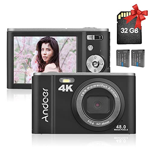 Andoer Digitalkamera, 48 MP 4K Fotoapparat, 2,8" IPS-Bildschirm Kompaktkamera 16X Digitalzoom, Fotokamera mit 2 Batterien 32 GB Speicherkarte Handschlaufe Tragetasche für Erwachsene/Senioren/Kinder von Andoer