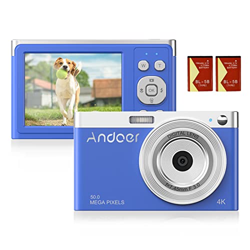 Andoer Digitalkamera, 4K 50 MP Kompaktkamera, 2,88 '' Fotokamera Autofokus 16X Digitalzoom, integrierter Blitz mit 2 Batterien, Tragetasche, Handschlaufe für Erwachsene/Senioren/Kinder (Blau) von Andoer