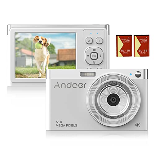 Andoer Digitalkamera, 4K 50 MP Kompaktkamera, 2,88 '' Fotokamera Autofokus 16X Digitalzoom, integrierter Blitz mit 2 Batterien, Tragetasche, Handschlaufe für Erwachsene/Senioren/Kinder (Weiß) von Andoer