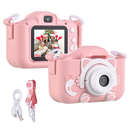 Andoer Digitalkamera für Kinder, 1080p, 2,0 Zoll (5,1 cm), Kinderkamera, mit Gurt, ideale Geschenke für Mädchen von 3-10 Jahren, rosa Katze von Andoer