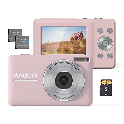 Andoer Digitalkamera mit 2 wiederaufladbaren Batterien, 32 GB Speicherkarte, 1080p, 44 m, HD, 16-facher Digitalzoom Anti-Shake, Autofokus, 2,5 IPS-Bildschirm, Lächeln, LCD-Bildschirm für Kinder, von Andoer