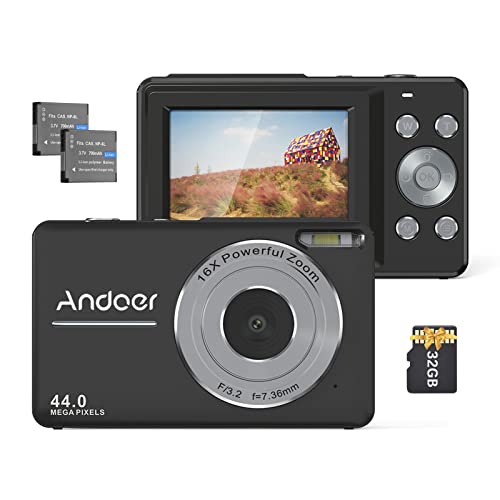 Andoer Digitalkamera mit 2 wiederaufladbaren Batterien, 32 GB Speicherkarte, 1080p, 44 m, HD, 16-facher Digitalzoom Anti-Shake-Autofokus, 2,5 IPS-Bildschirm, Smile-LCD-Bildschirm für Kinder, Urlaub von Andoer