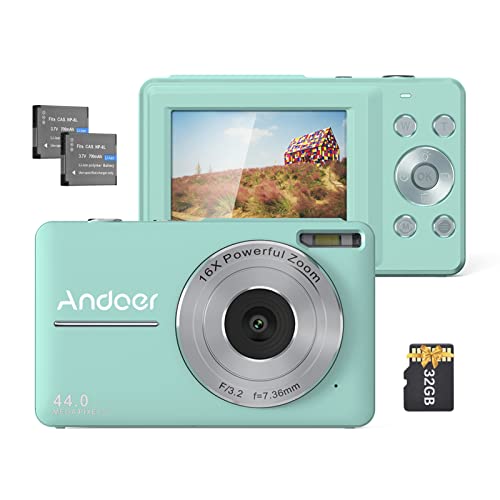 Andoer Digitalkamera mit SD-Karte, 32 GB, 2 Stück, wiederaufladbare Batterien, 1080p, 44 m, HD, 16-facher Digitalzoom, Anti-Shake, 2.5 IPS-Bildschirm, lächelndes LCD-Display für Kinder und Urlaub von Andoer