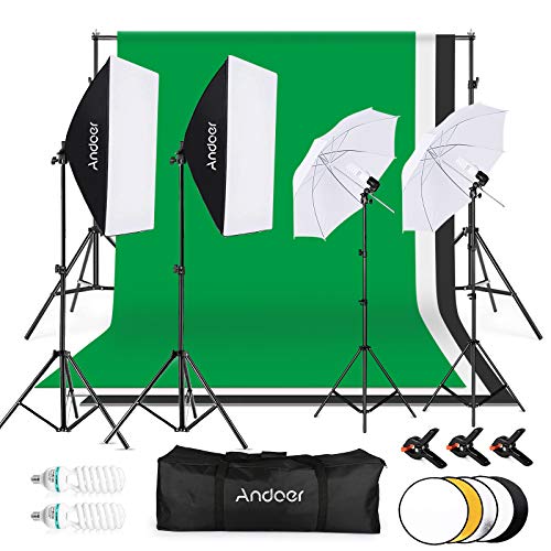 Andoer Fotostudio Set, 1.8M x 2.7M Hintergrund Stützsystem (Grün Schwarz Weiß) mit Softbox, Dauerlicht, Weißer Soft Light Umbrella, Reflektor für Porträts, Produktfotografie und Videoaufnahme von Andoer