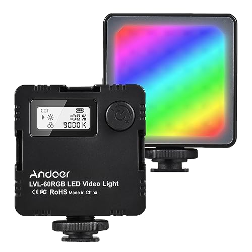 Andoer LVL-60RGB LED-Videoleuchte, 2500-9000K Dimmbare Kamera Licht wiederaufladbare Videolicht Tragbar Mini Fotolampe mit 3 Kaltschuhhalterungen, LCD-Display für YouTube TikTok Zoom Fotografie von Andoer