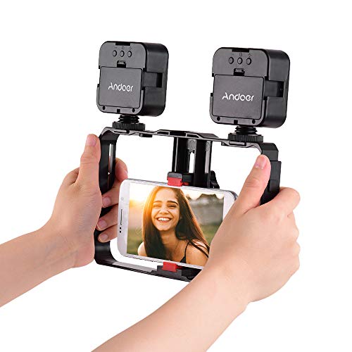 Andoer Smartphone-Video-Rig mit 2 LED-Video-Lichtern, Handy-Video-Stabilisator, Stativhalterung für Videomaker von Andoer