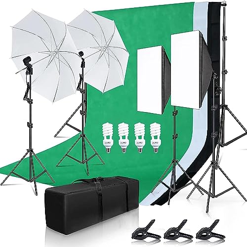 Andoer Softbox-Beleuchtungsset mit 45W LED Glühbirnen, 50 x 70cm Softbox, 33" Weiß-Fotografie-Regenschirm, E27-Fassung, 2m Lichtstativ, 3 Kulissen, Hintergrundklemmen, Hintergrundständer, Tragetasche von Andoer