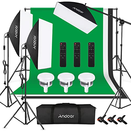 Andoer Softbox Fotostudio Set mit Greenscreen Set, 2 x 3 Meter Fotostudio Hintergrundsystem mit 3 Softbox, 3 X 85W 2800K-5700K Fotolampe für Video Aufnahmen Porträtlfotografie von Andoer