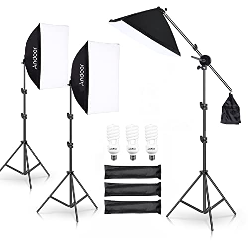 Andoer Softbox Set Fotostudio 50 x 70cm, Daurlicht Studioleuchte Set mit 3 Softboxen, 3 LED Glühbirne 135W, 3 Lichtstativ 2M, Auslegerarm für Studio-Porträts, Produktfotografie, Modefoto von Andoer