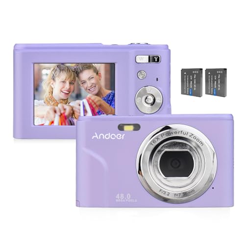 Andoer Tragbare Digitalkamera, 48 MP, 1080p, 6,1 cm (2,4 Zoll), IPS-Bildschirm, 16-facher Zoom, Autofokus, Selbstauslöser, 128 GB, erweiterter Speicher, Gesichtserkennung, Anti-Shaking, mit 2 von Andoer