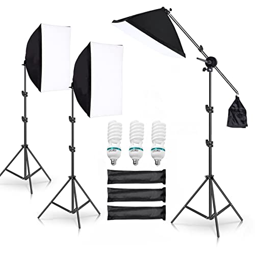 Softbox Set Fotostudio, Andoer 3 x 50 x 70cm Softbox Beleuchtungsset mit 3 135W Fotolampe, 3 2M Lichtstativ, Auslegerarm für YouTube, Tiktok Videoaufnahmen, Studio Porträts, Fotografie von Andoer