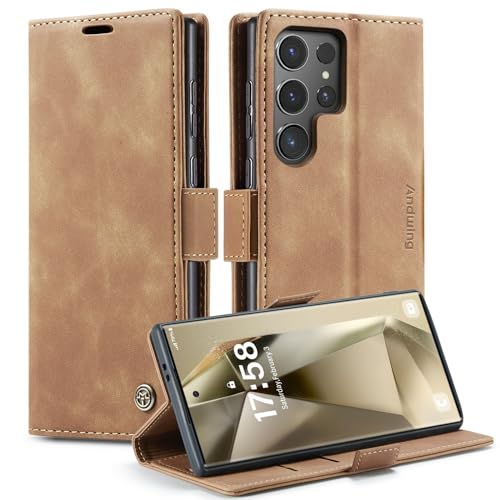 Andwing Klapphülle für Samsung Galaxy S24 Ultra Hülle-Handyhülle Samsung Galaxy S24 Ultra 5G PU Leder Wallet Flip Case,Rundumschutz Schutzhülle mit Ständer und Kartenfach (Braun) von Andwing