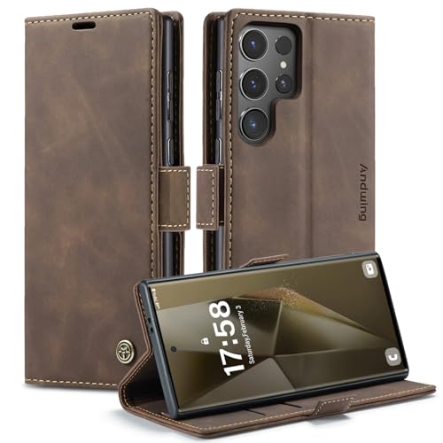 Andwing Klapphülle für Samsung Galaxy S24 Ultra Hülle-Handyhülle Samsung Galaxy S24 Ultra 5G PU Leder Wallet Flip Case,Rundumschutz Schutzhülle mit Ständer und Kartenfach (Kaffee) von Andwing